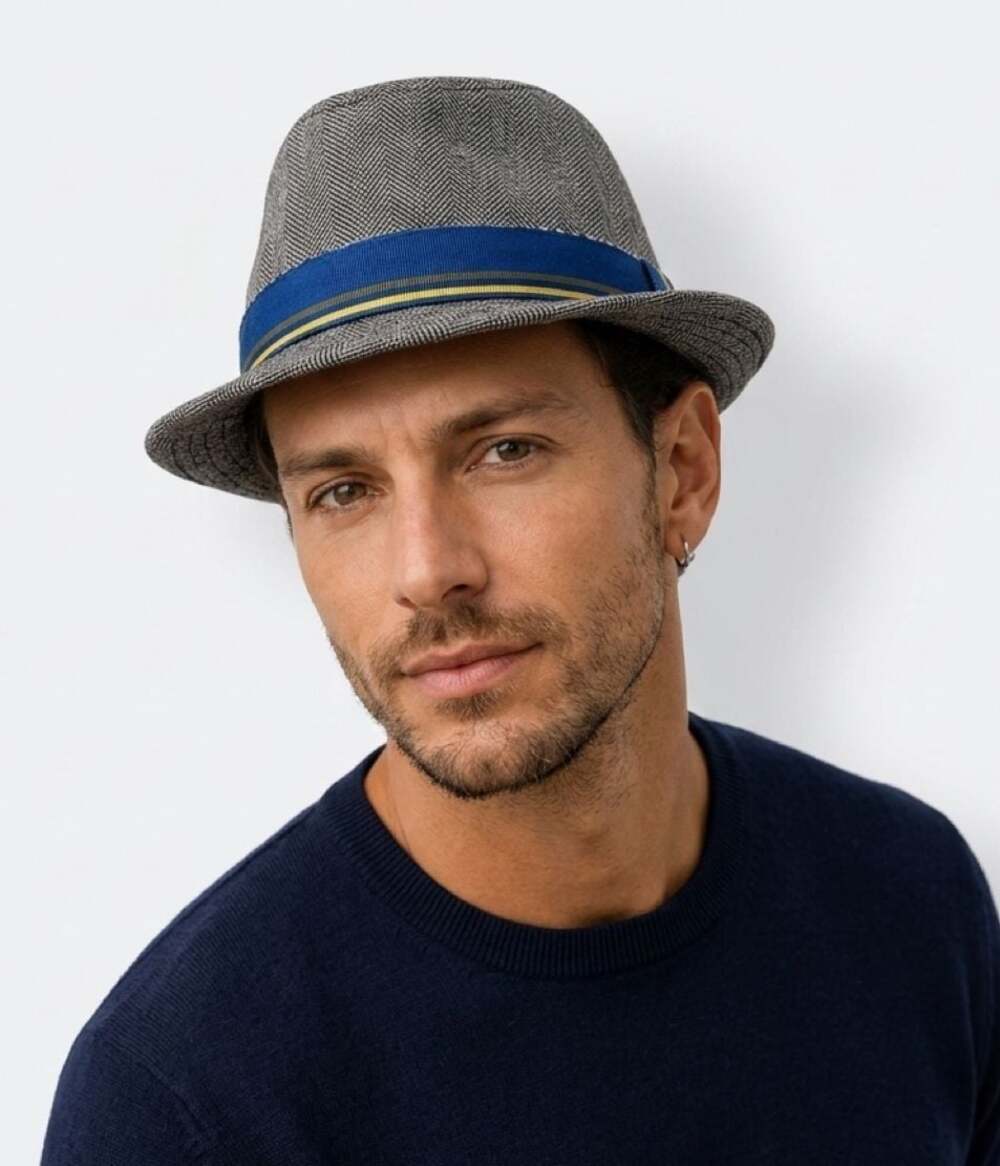 Original Penguin Gray Herringbone Fedora Hat with Blue and Yellow Striped Ribbon
